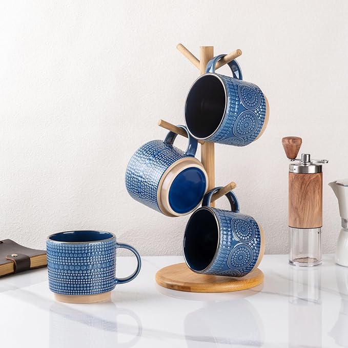 GBHOME 12OZ Stackable Coffee Mugs, Ceramic Coffee Mugs with Texture Patterns for Man,Woman,Dad,Mom, Modern Coffee Mugs Set of 4 for Latte/Cappuccino/Cocoa. Dishwasher&Microwave Safe