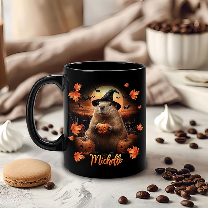 Hyturtle Personalized Halloween Capybara Mug - Capybara Gift For Women Lover - Wild Animal Lover Gift For Her - Spooky Season Decor For Fall Season Halloween - Coffee Name Cup Ceramic Mug 11 oz 15 oz