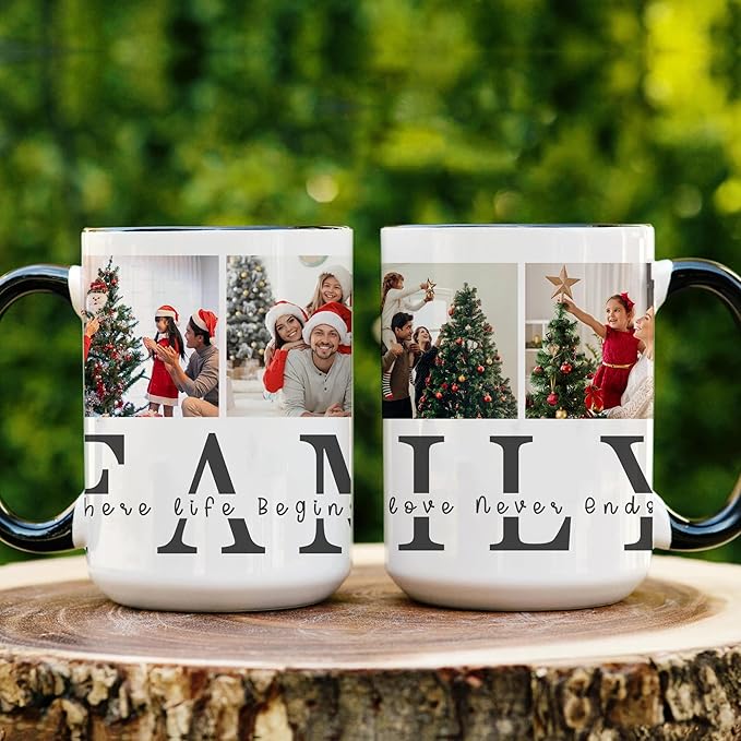 Personalized Funny Christmas Hot Cocoa Mug – Santa Gift, Unique White Elephant Exchange Present – Custom Family Photo Coffee Cup with Quote “Where Life Begins and Love Never Ends”