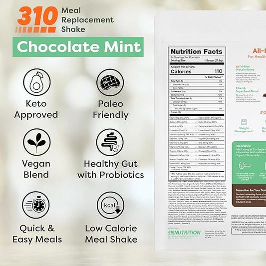 310 Nutrition All-In-One Meal Replacement Shake Powder - Plant-Based Protein Smoothie Blend w/High Fiber, Probiotics & Adaptogens - Low Carb, Vegan, Keto & Paleo Friendly - Chocolate Mint - 14 Srv
