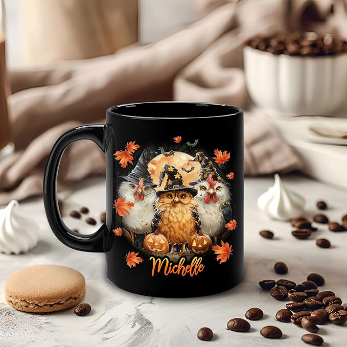 Hyturtle Personalized Halloween Chicken Mug - Chicken Gift For Women Lover - Farm Animal Lover Gift For Her - Spooky Season Decor For Fall Season Halloween - Coffee Name Cup Ceramic Mug 11 oz 15 oz