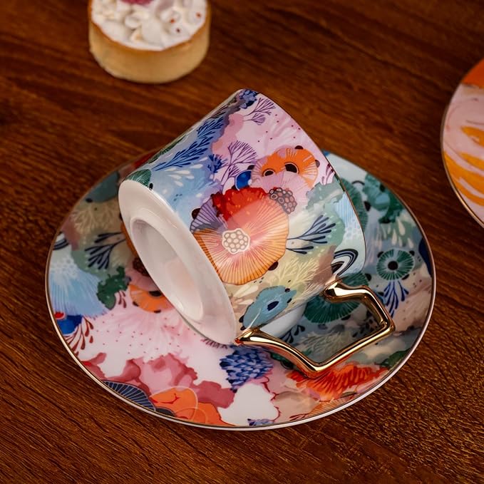 KAMMAK Tea Cups and Saucers Set of 2, Fine Bone China Coffee Cups, 8.5-Ounce Stackable Espresso Mugs, Ceramic Demitasse for Coffee, Cappuccino, Latte, Americano, Tea, Floating World