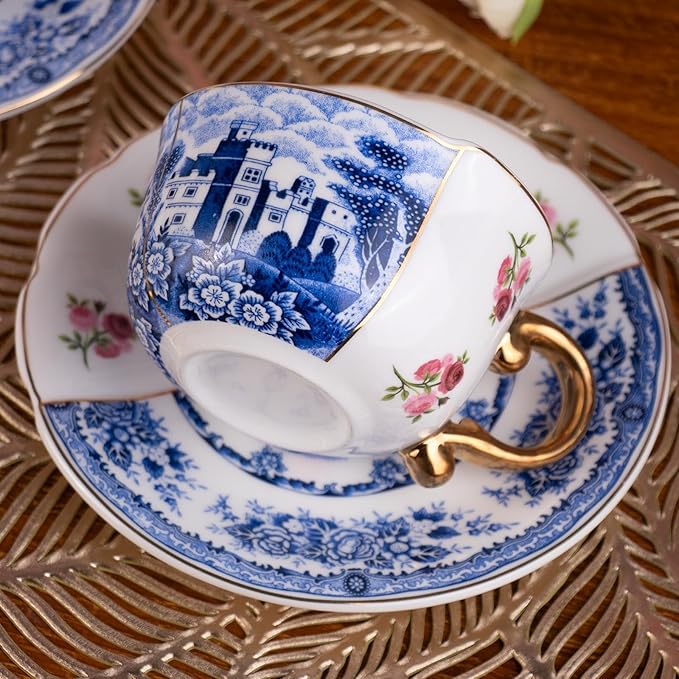 KAMMAK Tea Cups and Saucers Set of 2, Fine Bone China Coffee Cups, 8.5-Ounce Stackable Espresso Mugs, Ceramic Demitasse for Coffee, Cappuccino, Latte, Americano, Tea, Doozy + Rose