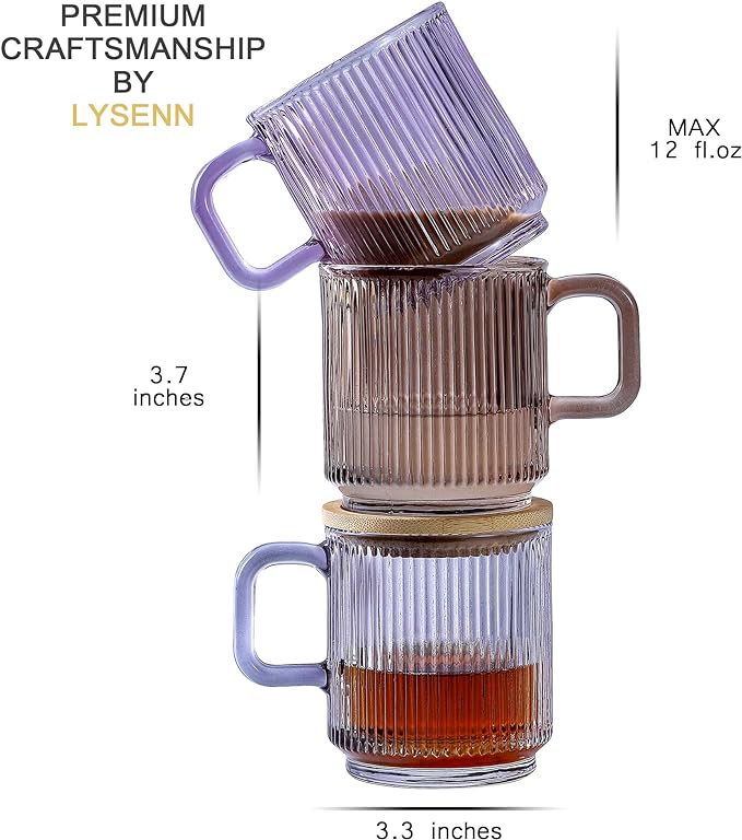 Lysenn Glass Coffee Mug with Lid - Premium Classical Vertical Stripes Glass Tea Cup - for Latte, Tea, Chocolate, Juice, Water - Lead-Free - Bamboo Lid - Amethyst Purple