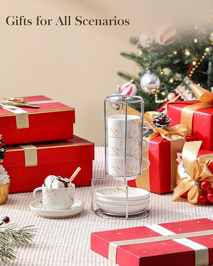 MALACASA 2.5 OZ Porcelain Espresso Cups with Saucers and Metal Stand Set of 4, Stackable Cappuccino Cups, Marble White Expresso Shots Cup Set for Coffee Drinks, Latte, Tea