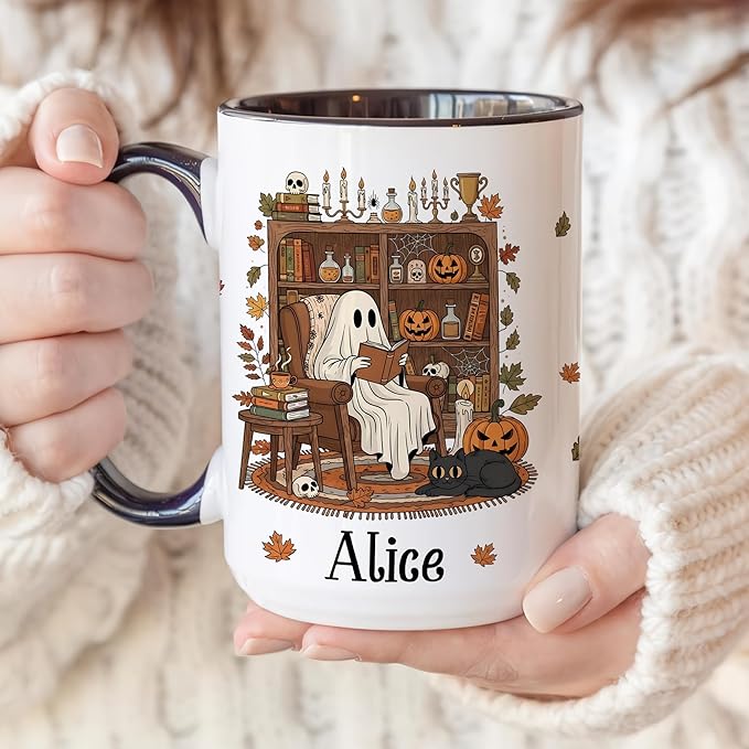 Personalized Halloween Book Lover Coffee Mug – Custom Cute Ghost Cup for Fall and Christmas – Unique Spooky Coffee Mugs for Women, Readers, and Bookish Gift Ideas