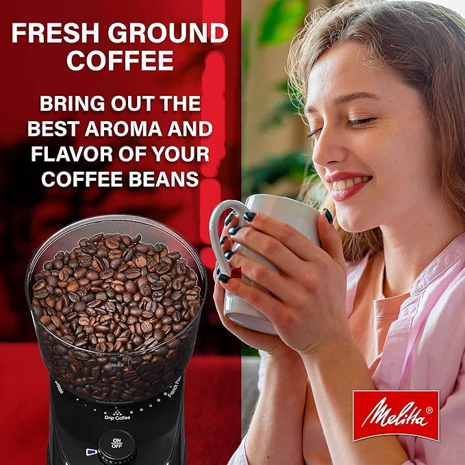 Melitta Molino Flat Burr Coffee Grinder | Whole Bean Grinder | Easy Clean & Assembly | Safety Lock Feature | with Cleaning Brush and Spoon Included |Capacity: 8 oz (225g) | 14 cups
