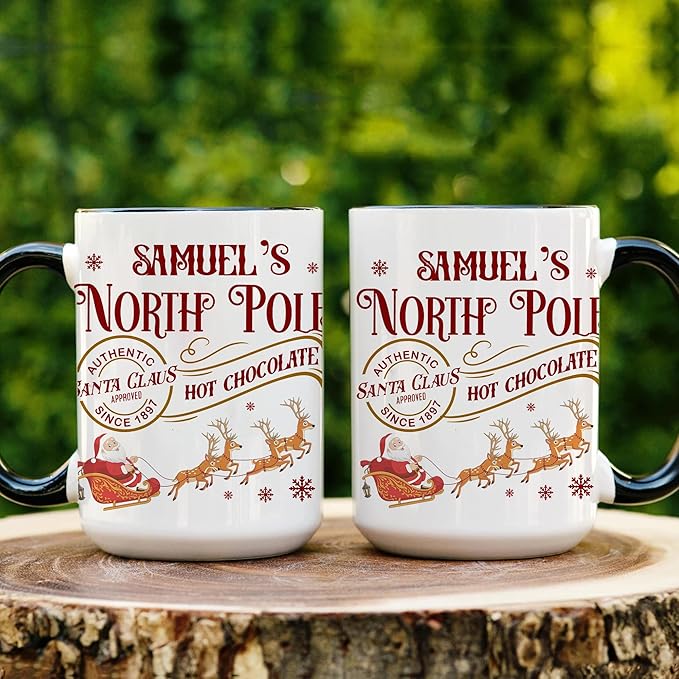 Personalized Funny Christmas Hot Cocoa Mug – Santa Gift, Unique White Elephant Exchange Present – Custom North Pole Hot Chocolate Ceramic Coffee Cup for Friends, Family, and Holiday Parties