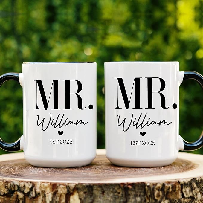 Personalized Mr and Mrs Coffee Mug Set – Custom Name & Established Year Design – Wedding Gift for Couple, Engagement Celebration, Anniversary Keepsake, Valentine’s Day Coffee Cups