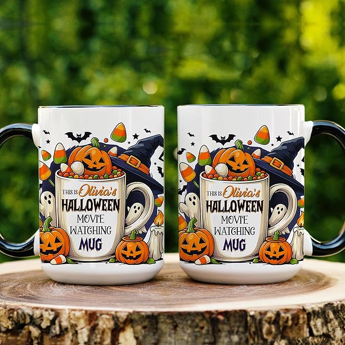 Personalized Halloween Movie Watching Mug – Custom Pumpkin Ghost Coffee Cup with Witch Hat and Candy Corn – Cute Fall Coffee Mug for Women, Spooky Bookish Gift for Readers & Halloween Lovers