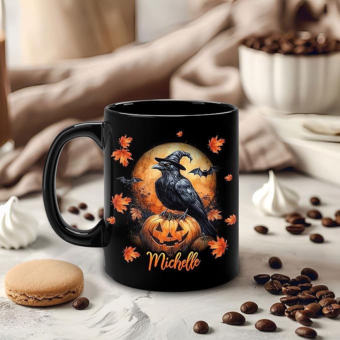 Hyturtle Personalized Halloween Raven Crow Mug - Raven Gift For Women Lover - Wild Animal Lover Gift For Her - Spooky Season Decor For Fall Season Halloween - Coffee Name Cup Ceramic Mug 11 oz 15 oz
