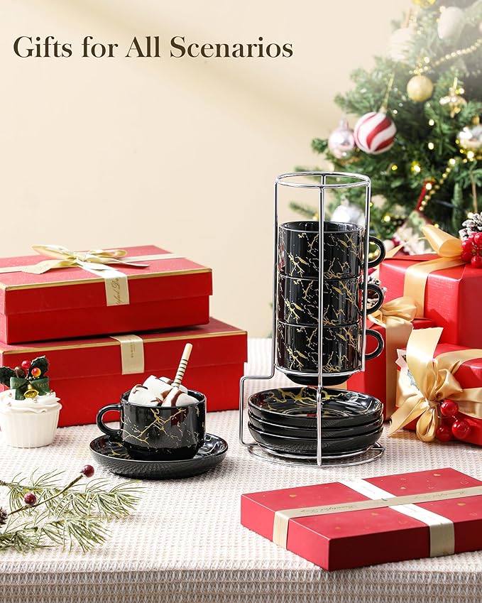 MALACASA 8 OZ Porcelain Espresso Cups with Saucers and Metal Stand Set of 4, Stackable Cappuccino Cups, Marble Black Expresso Shots Cup Set for Coffee Drinks, Latte, Tea