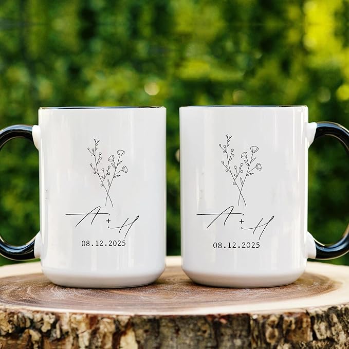 Personalized Mr and Mrs Coffee Mug Set – Custom Initials & Date Design with Minimal Floral Line Art – Wedding Gift for Couple, Engagement Keepsake, Anniversary Present Ceramic Cups