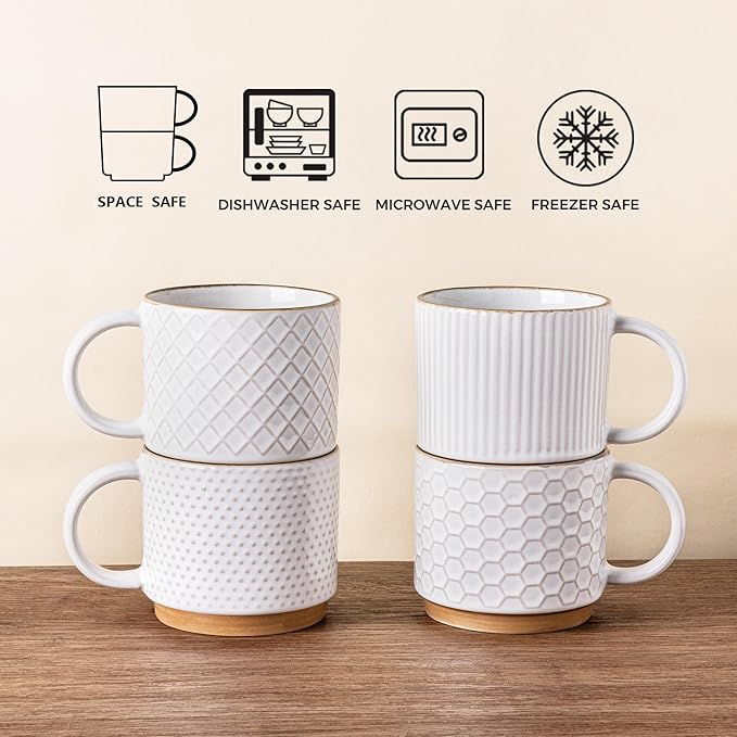 GBHOME 12OZ Stackable Coffee Mugs with Stand, Ceramic Coffee Mugs with Texture Patterns for Man,Woman,Dad,Mom, Modern Coffee Cups Set of 4 for Latte/Cappuccino/Cocoa. Dishwasher&Microwave Safe