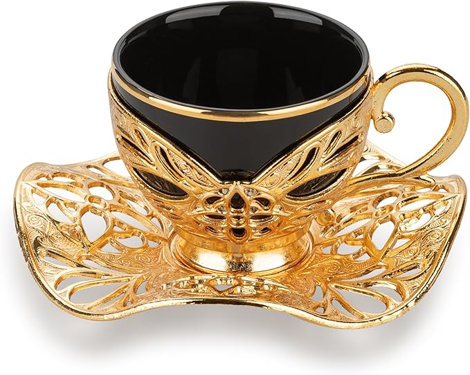 Alisveristime Turkish Coffee Set for Two, 2 Black Gilded Porcelain Cups with Zamac Holders and Saucers, Metal Tray, Lale Motif Zamac Coffee Pot (Black Gilded) (Gold)