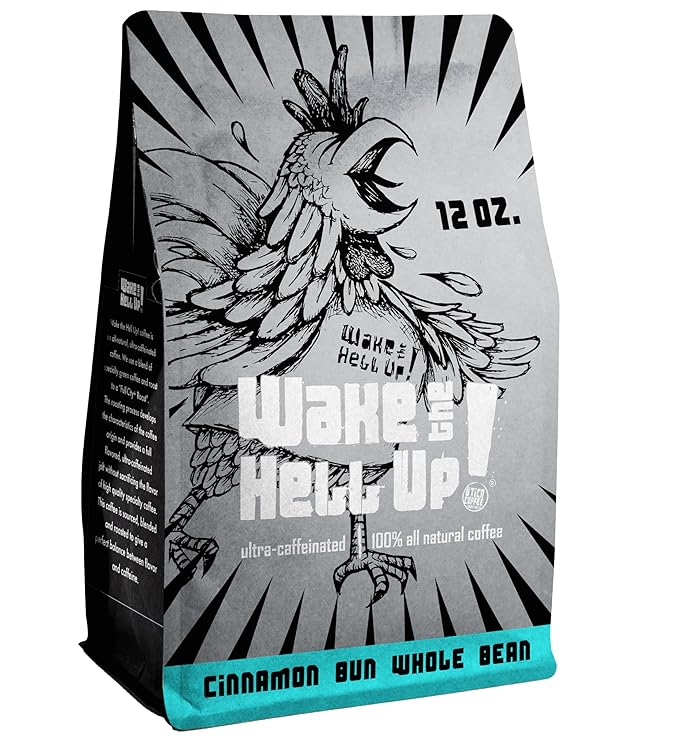 Wake The Hell Up! 12oz Ultra-Caffeinated Cinnamon Bun Whole Bean Coffee, Low Acid, Medium-Dark Roast