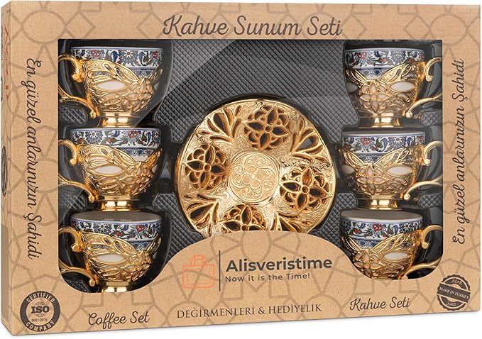 Alisveristime Turkish Coffee Set for Six, 6 Topkapi Design Porcelain Cups with Zamac Holders and Saucers, Two Color Variations: Gold and Silver (Topkapi-Design) (Gold)