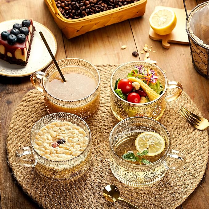 WHJY Vintage Glass Coffee Mugs with Spoon, Set of 2 espresso ribbed glass coffee cup,Embossed Tea Cups, Esthetic Tea Cups for Cappuccino, Latte, Hot Beverages, 14 oz