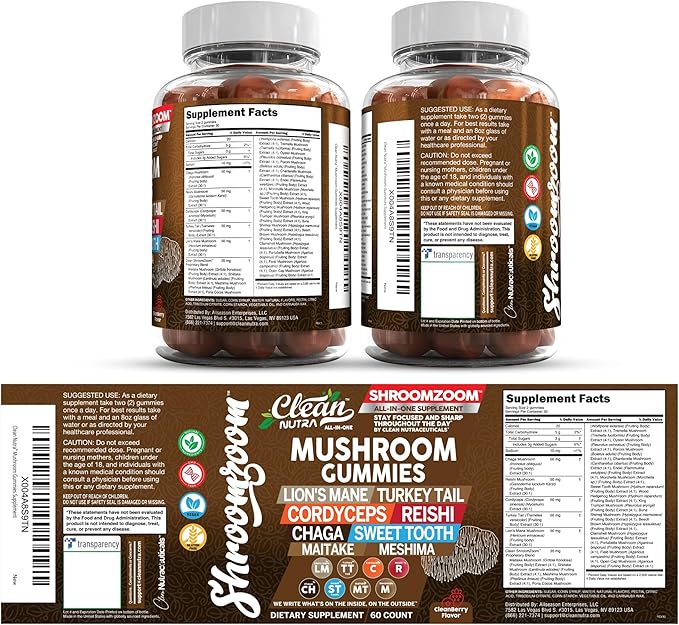 15in1 Mushroom Gummies with Lion's Mane Turkey Tail Cordyceps Reishi Chaga Sweet Toot Maitake Meshima Poria Cocos Shiitake Tremella, Oyster Agaricus Mushrooms for Men and Women Supplement - 2Pack