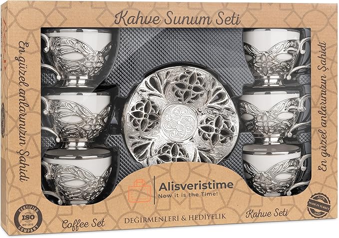 Alisveristime Turkish Coffee Set for Six, 6 White Porcelain Cups with Gilded, Zamac Holders and Saucers, Two Color Variations: Gold and Silver (Gilded-Design) (Silver)