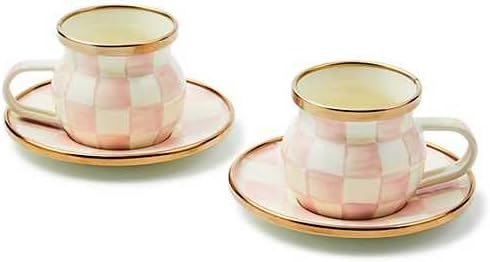 MACKENZIE-CHILDS Espresso Cup and Saucer Set, Cute Small Coffee Cups and Saucers, Set of 2, Pink-and-White Rosy Check