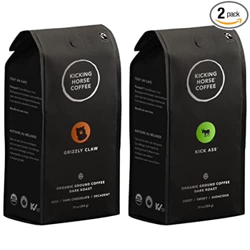 Bundle of 1 Kicking Horse Coffee, Grizzly Claw, Dark Roast, Ground, 10 oz Bag + 1 Kicking Horse Coffee, Kick Ass, Dark Roast, Ground, 10 Oz Bag