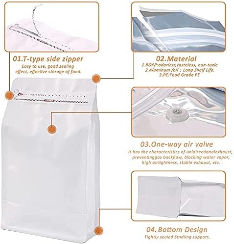 Coffee Bags with Valve(100pcs,12 oz) white High Barrier Aluminumed Foil Flat Bottom Standing Coffee Beans Storage Bags,Reusable Heat Sealable Side Zipper Pouches for Home or Store