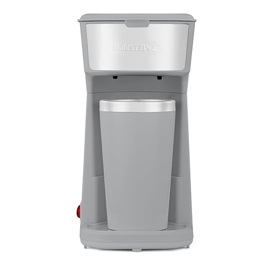 Holstein Housewares Personal Coffee Maker with 14oz Travel Mug – Compact One-Touch Brew Machine with Reusable Filter, Auto Shut-Off, Non-Stick Plate, Ideal for Home, Office, or Dorm. Grey