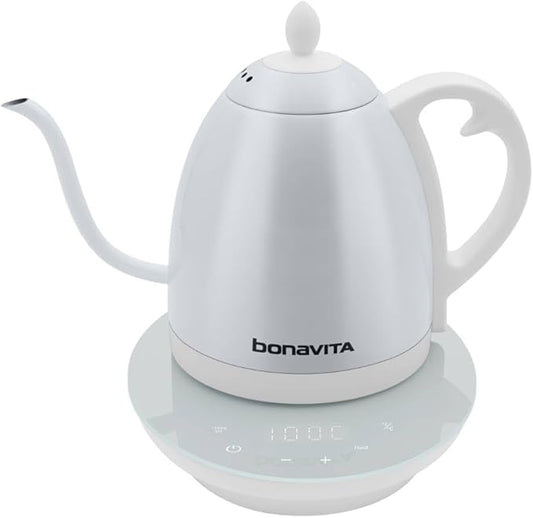 Bonavita Cosmopolitan 1.0L Gooseneck Electric Kettle, Stainless Steel Water Boiler for Coffee Brew and Tea Precise Pour Control, 6 Preset Temps, Glass Touch Panel, 1200W Fast Boil, White