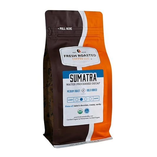 Fresh Roasted Coffee, Organic Sumatra Water-Processed Decaf | 100% Single Origin, USDA Organic, Kosher | Medium Roast 12 oz Whole Bean