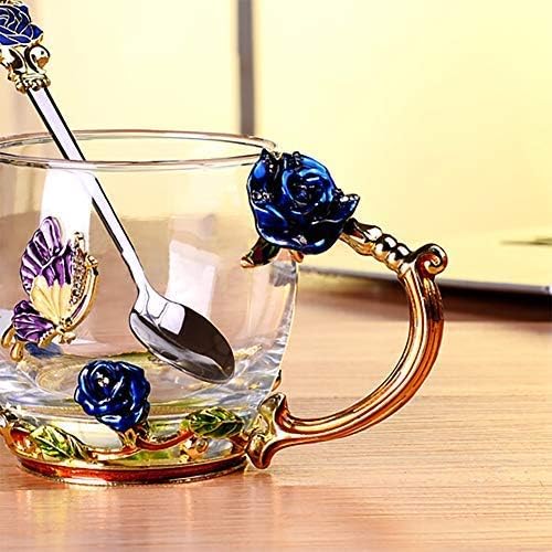 Handicraft Crystal Glass 3D Flower Cups Tea Mug With Tea Spoon Women Coffee, Tea, Juice, Beer, Milk Hot And Cold Drinks Use Gift Package. (Rose Blue Coffee Cup, 11 OZ)