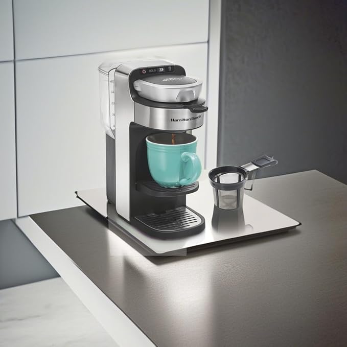 Hamilton Beach The Scoop Single Serve Coffee Maker & Fast Grounds Brewer for 8-14oz. Cups, Brews in Minutes, 40oz. Removable Reservoir, Stainless Steel (49987),Silver