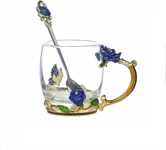 Handicraft Crystal Glass 3D Flower Cups Tea Mug With Tea Spoon Women Coffee, Tea, Juice, Beer, Milk Hot And Cold Drinks Use Gift Package. (Rose Blue Coffee Cup, 11 OZ)