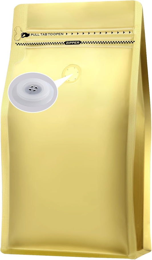 Coffee Bags with Valve(100pcs,16oz) Golden High Barrier Aluminumed Foil Flat Bottom Standing Coffee Beans Storage Bags,Reusable Heat Sealable Side Zipper Pouches for Home or Store