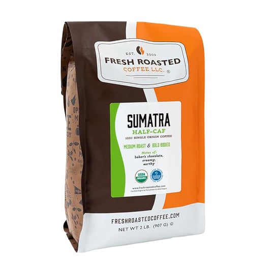 Fresh Roasted Coffee, Organic Sumatra Water-Processed Half-Caf | 100% Single Origin, USDA Organic, Kosher | Medium Roast 2 lb (32 oz) Whole Bean