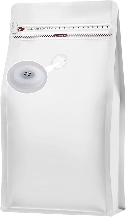 Coffee Bags with Valve(100pcs,16oz) White High Barrier Aluminumed Foil Flat Bottom Standing Coffee Beans Storage Bags,Reusable Heat Sealable Side Zipper Pouches for Home or Store