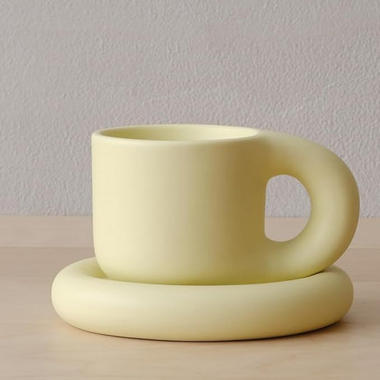 WENSHUO Chubby Funny Coffee Mug, Novelty Cute Cup and Saucer, Matte Crème, 9 oz