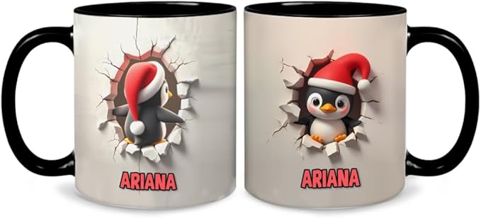 Personalized Christmas Penguin Mug With Name Custom Holiday Coffee Cup Cute Santa Hat Penguin Design Funny Xmas Gift For Kids Family Friends Men Women Unique Winter Hot Cocoa Tea Cup