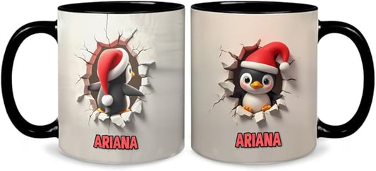 Personalized Christmas Penguin Mug With Name Custom Holiday Coffee Cup Cute Santa Hat Penguin Design Funny Xmas Gift For Kids Family Friends Men Women Unique Winter Hot Cocoa Tea Cup