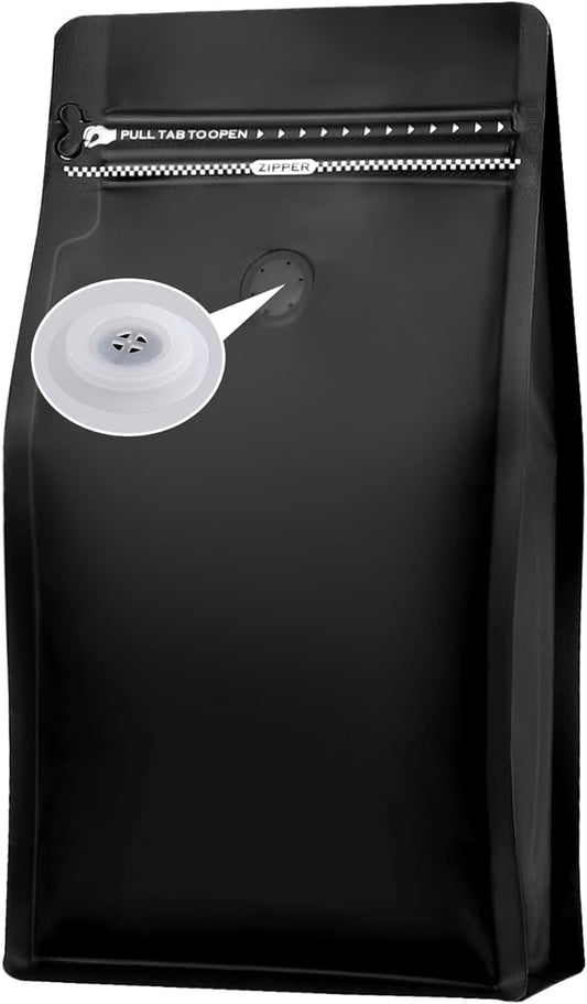 Coffee Bags with Valve(50 pcs,16 oz/1 lb) Black High Barrier Aluminum Foil Flat Bottom Standing Empty Coffee Beans Storage Bag,Reusable Heat Sealable Side Zipper Pouches for Home or Store