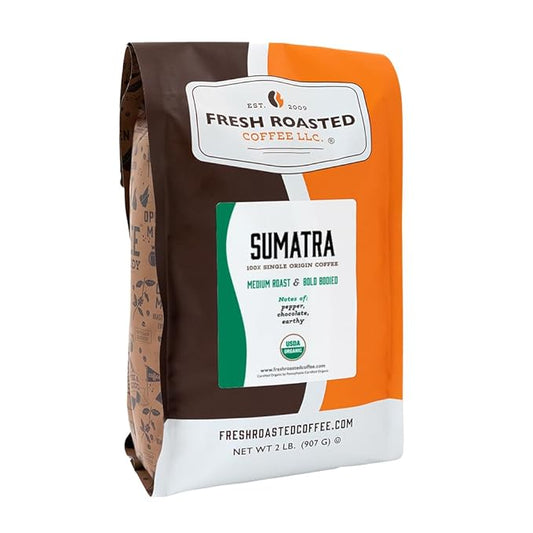 Fresh Roasted Coffee, Organic Sumatra | 100% Single Origin, USDA Organic, Kosher | Medium Roast 2 lb (32 oz) Whole Bean