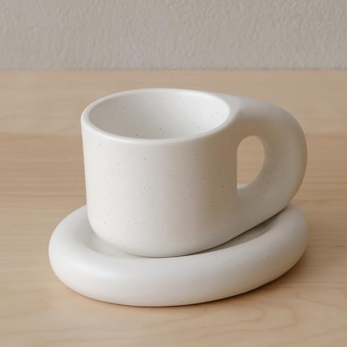 WENSHUO Chubby Funny Coffee Mug, Novelty Cute Cup and Saucer, Matte Crème, 9 oz (Nacre White)