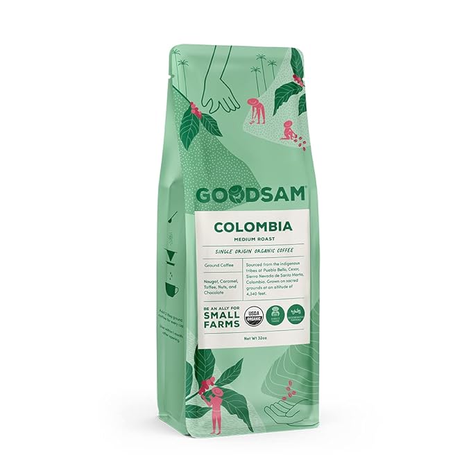 GoodSAM - Organic Colombian Ground Coffee, Medium Roast 2lb – Single Origin Arabica Beans, Smooth & Balanced Flavor - Supporting Small Family Farmers, Regenerative & Direct Trade