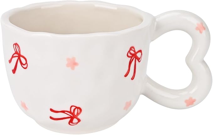 Koythin Ceramic Coffee Mug, Cute Creative Heart Handle Mug Design for Office and Home, Dishwasher and Microwave Safe, 10.5 oz/300 ml for Tea Latte Milk (Ribbon Bow)