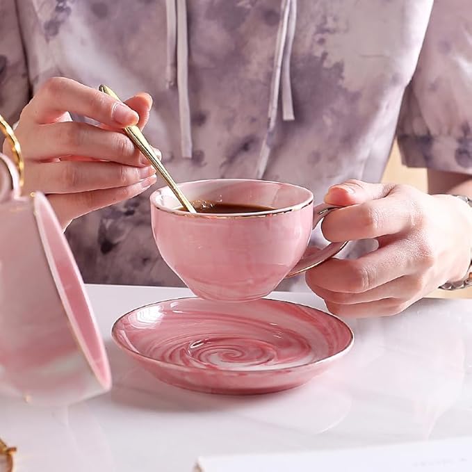 Ceramic Espresso Cups Set with Saucers and Metal Stand, 4 oz Porcelain Stackable Cappuccino Cups Teacup For Tea, Espresso, Latte, Coffee, Cafe Mocha (Pink