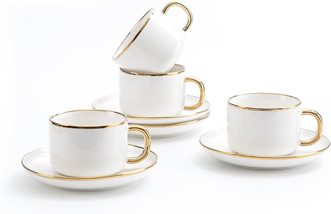 Tea Cups and Saucers with Gold Trim, 6.76 Ounce White Porcelain Tea Set & Coffee Cups for Latte, Cafe Mocha, Tea-Set of 4,Porcelain Mugs for Kitchen or Cafe(white and gold)