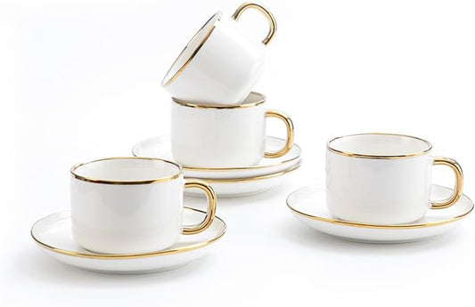 Tea Cups and Saucers with Gold Trim, 6.76 Ounce White Porcelain Tea Set & Coffee Cups for Latte, Cafe Mocha, Tea-Set of 4,Porcelain Mugs for Kitchen or Cafe(white and gold)