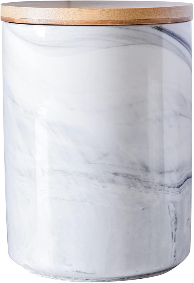 Yundu 40 FL OZ/1180ML Kitchen Canister, Grey Marble Ceramica Food Storage Jar with Bamboo Lid for Ground Coffee, Flour, Tea, Sugar, Airtight Coffee Container