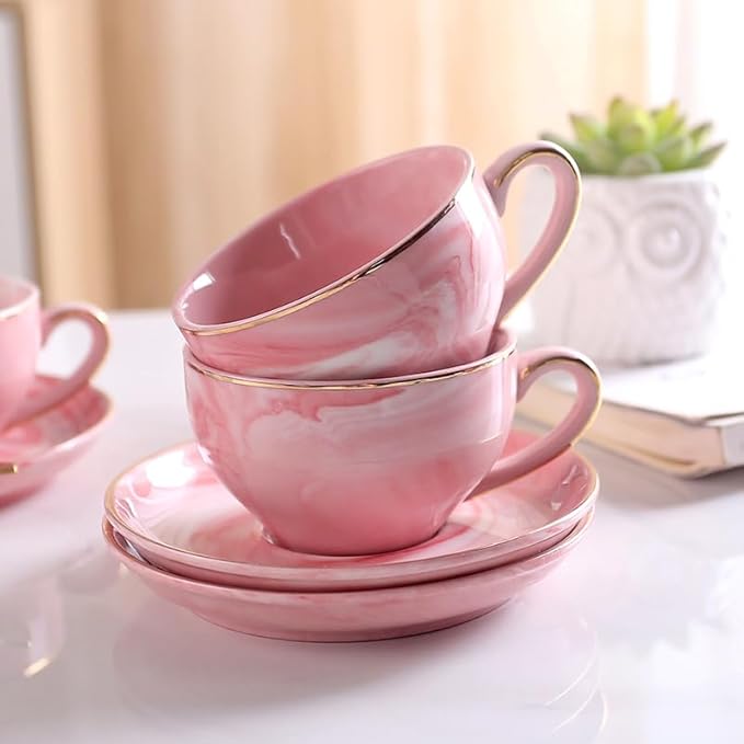 Ceramic Espresso Cups Set with Saucers and Metal Stand, 4 oz Porcelain Stackable Cappuccino Cups Teacup For Tea, Espresso, Latte, Coffee, Cafe Mocha (Pink