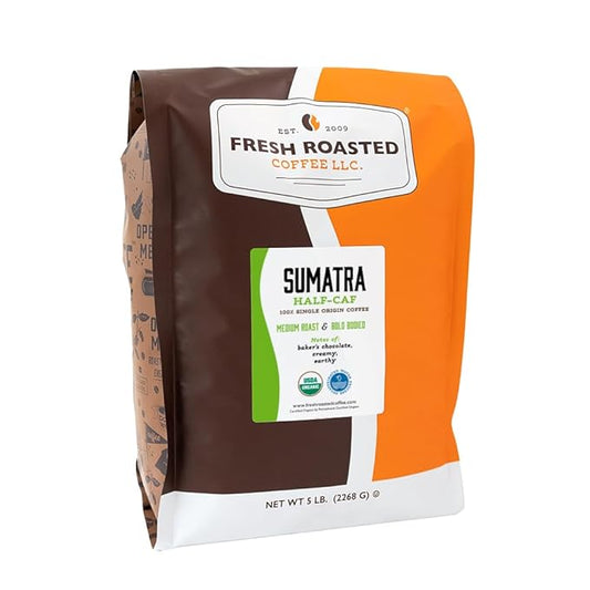 Fresh Roasted Coffee, Organic Sumatra Water-Processed Half-Caf | 100% Single Origin, USDA Organic, Kosher | Medium Roast 5 lb (80 oz) Whole Bean